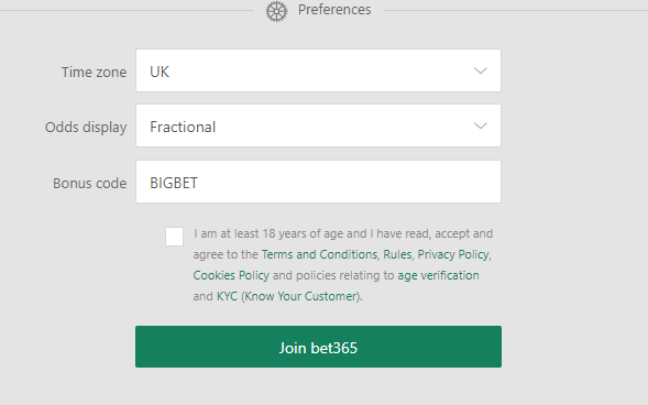 bet365 registration code field