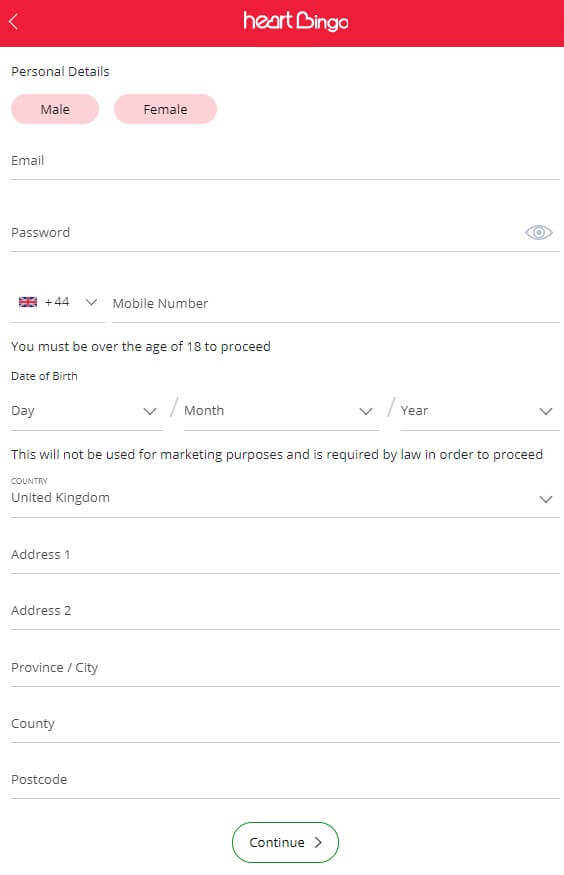 Registration without the Heart Bingo promo code