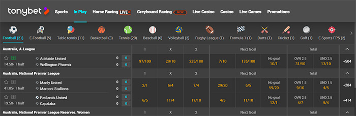TonyBet Bet In-Play