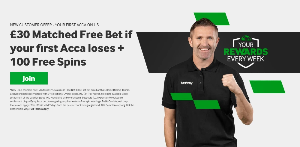 betway uk new welcome offer £30 Matched Free Bet if your first Acca loses + 100 Free Spins